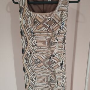 Cache Geometric Sequin Mini Dress in Black, Silver, and Cream